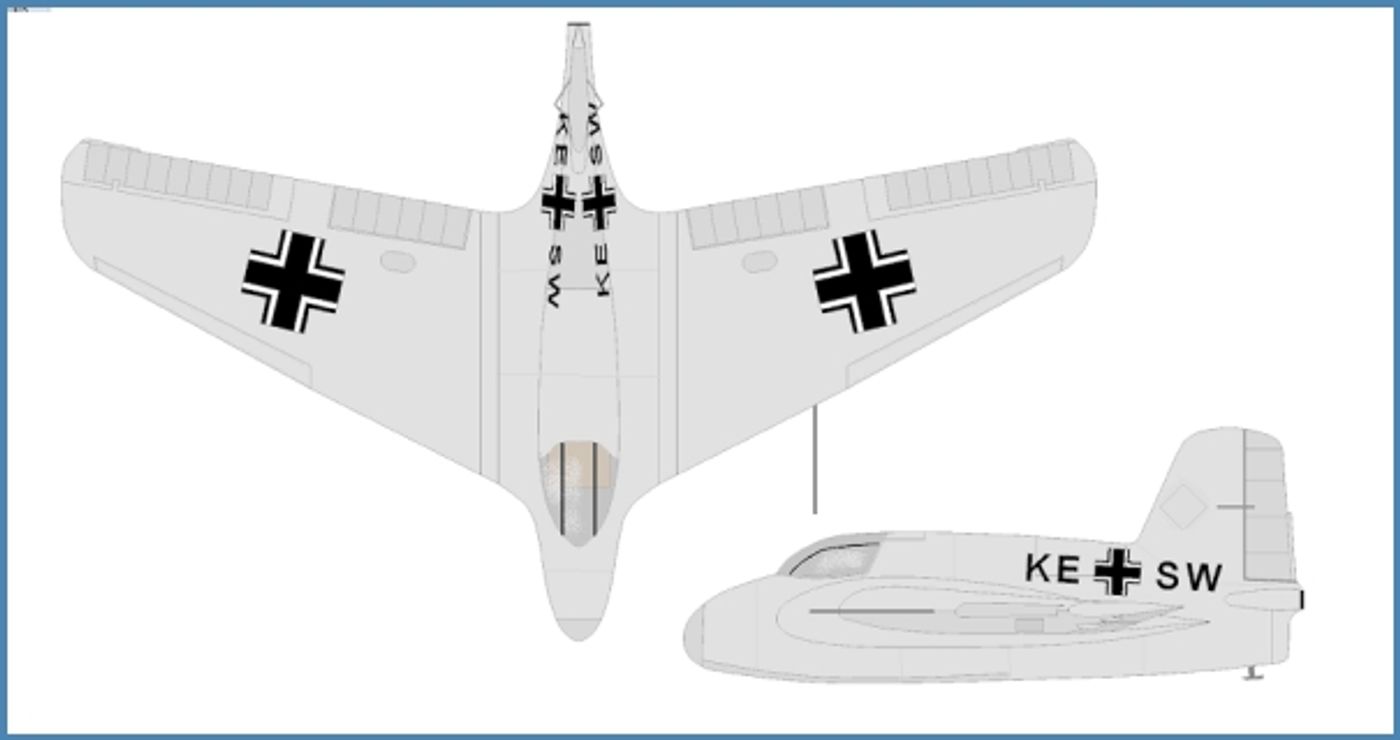 1941年的梅塞施密特 Me 163A V4 原型机,无线电呼号KE+SW。同年10月2日,试飞员海尼•迪特马尔驾驶该机在动力飞行中达到1004.5公里每小时,成为历史上第一种突破1000公里每小时大关的有人驾驶飞机。