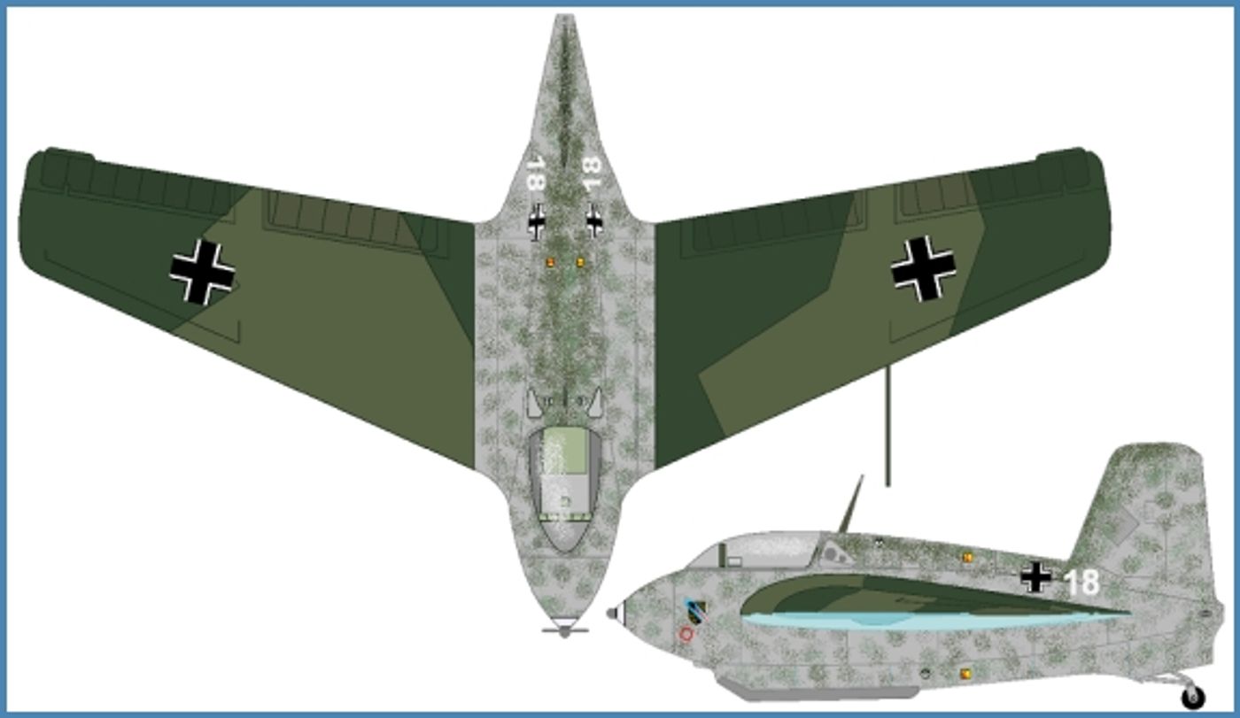 1944年,机身编号「白色18号」的 Me 163B 火箭截击机。该型机在「帝国保卫战」期间装备第400战斗航空团(JG 400),以莱比锡附近的布兰迪斯机场为主要基地,担负保卫洛伊纳-梅泽堡合成燃料工业区的要点防空任务。
