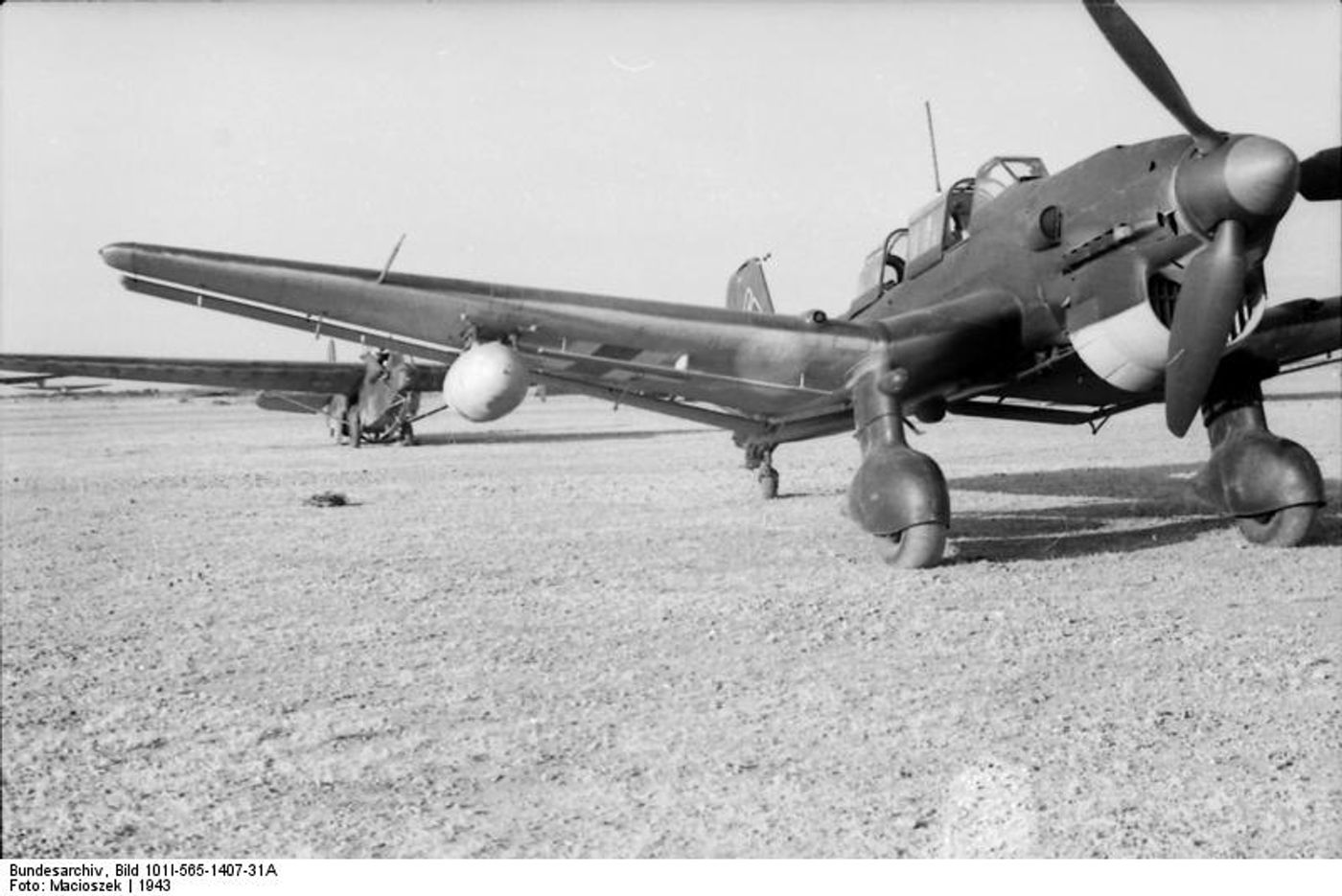 1943年，「意大利战役」期间，一架 DFS 230 突击滑翔机正由容克斯 Ju 87 斯图卡式俯冲轰炸机拖曳升空。由于德国空军运输机力量紧张，DFS 230 常由多种机型牵引执行训练与补给任务，机下清晰可见支撑机身的三轮式小车，是 DFS 230 起降方式的典型写照。