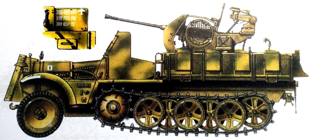 1944年1月至2月间,东线苏联战场,德军一辆不明单位的Sd.Kfz.10/5半履带防空炮车,车上涂有该车的战绩。