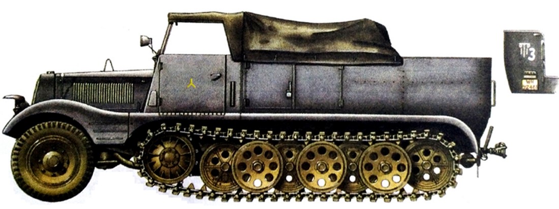 1941年6月,东线苏联战场,德军第1装甲师第73机动炮兵团的一辆Sd.Kfz.11型半履带车。