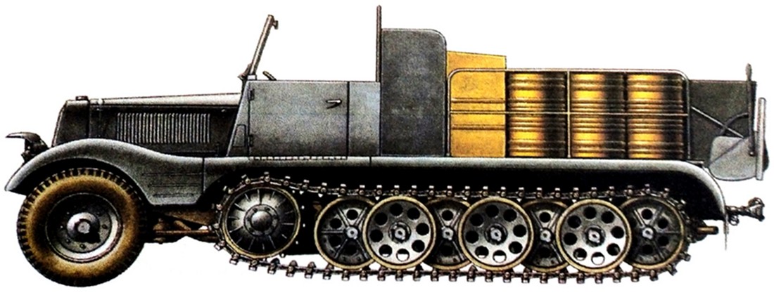 1942年,东线苏联战场,德国不明单位的一辆Sd.Kfz.11/2型半履带防化消洗车。