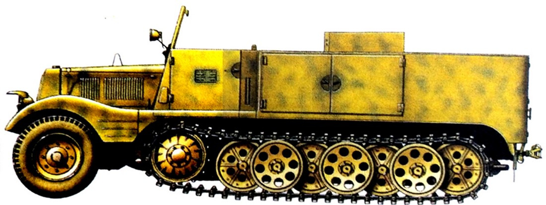 1943年5月,西线法国战场,德军第1装甲师勤务连的一辆3吨级Sd.Kfz.11型半履带车。