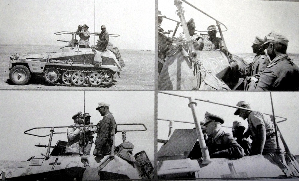 隶属德国非洲军团指挥官隆美尔元帅军部的Sd.Kfz.250/3 Ⅳ(Alt)型半履带装甲通讯指挥车,隆美尔元帅正在车上观察并对德军军官作战斗指示。