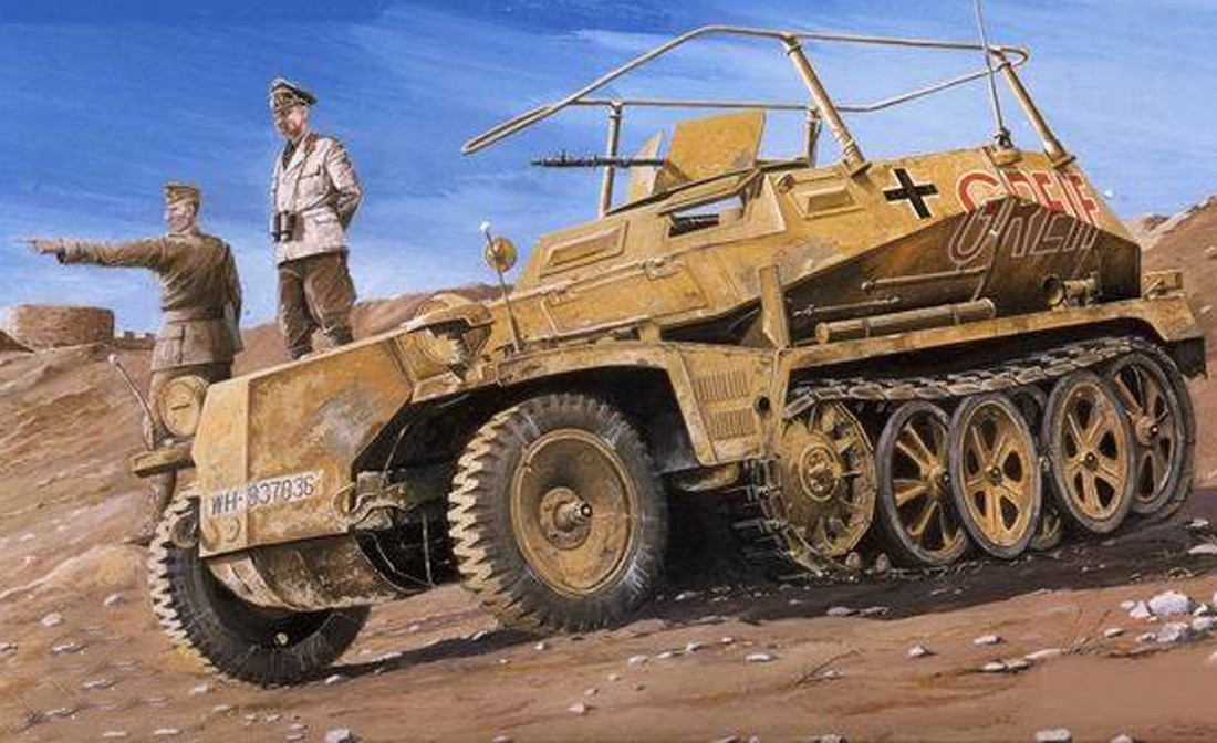 绘画:在非洲沙漠作战的德军Sd.Kfz.250/3 Ⅳ型半履带装甲通讯指挥车。