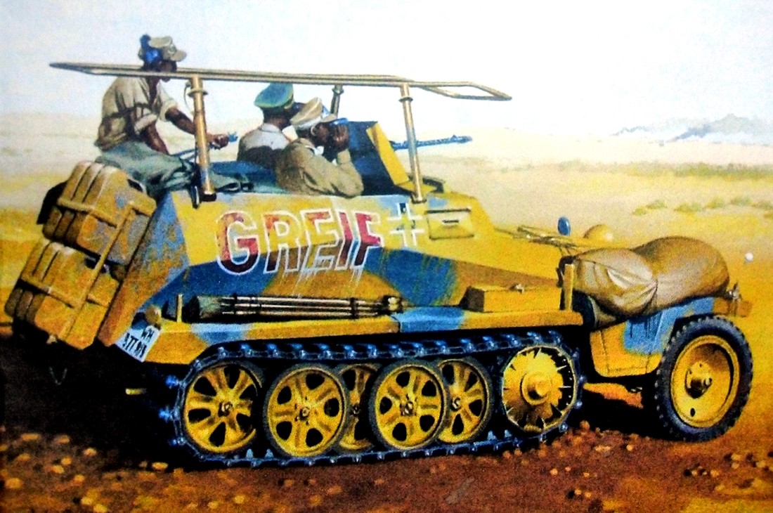 绘画:在非洲沙漠作战的德军Sd.Kfz.250/3 Ⅳ型半履带装甲通讯指挥车。
