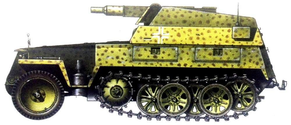 1945年4月,德国战场,一辆德军不明单位的Sd.Kfz.250/8 Neu半履带装甲突击炮车。