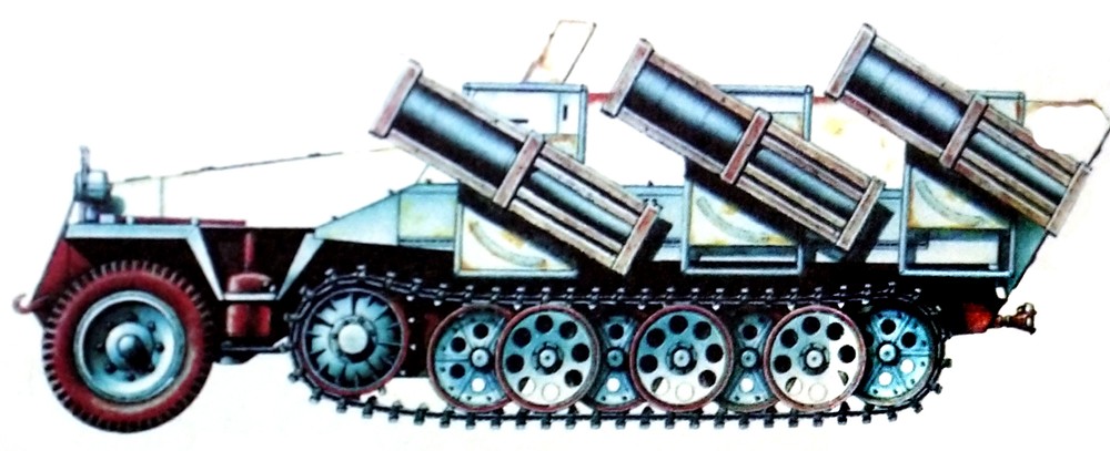1945年1月，东线战场波兰地区，德军第16装甲师的一辆251/1 D型半履带装甲火箭炮车。