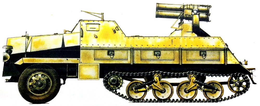 1945年3月，德国东普鲁士地区，德军第11独立旅的一辆Sd.Kfz.4/1半履带装甲火箭炮车。