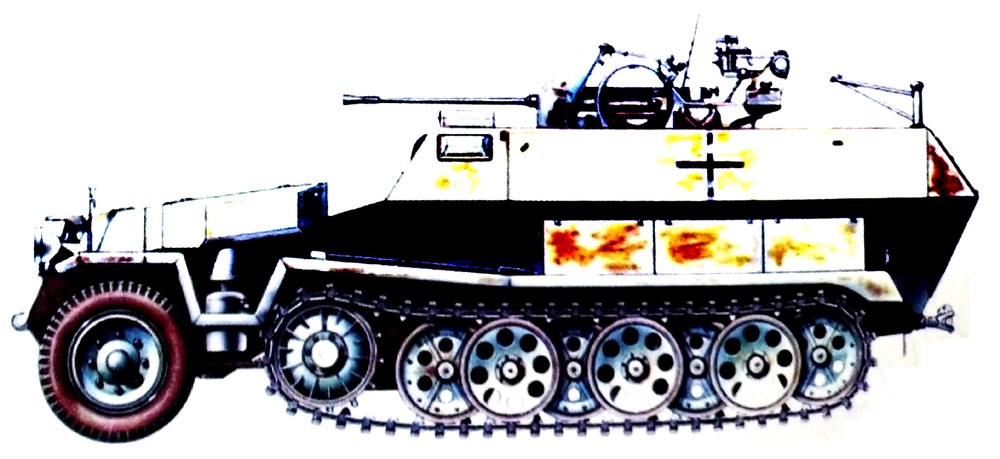 1943~1944年冬天,东线战场,隶属德国「大德意志」装甲掷弹兵师的一辆用251/1 C型改装的陆军专用型251/17半履带装甲自行防空炮车。