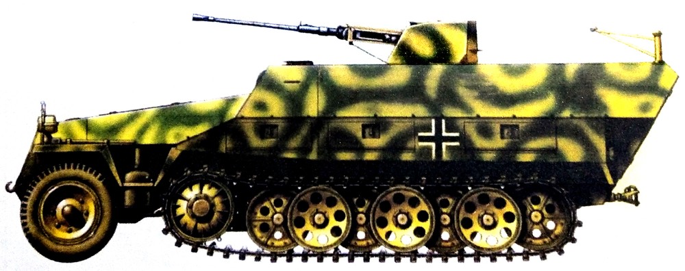 1944年7月,法国诺曼底地区,隶属德国武装党卫军第12「希特勒青年团」装甲师的一辆Sd.Kfz.251/17 Ausf.D型半履带自行机关炮车。