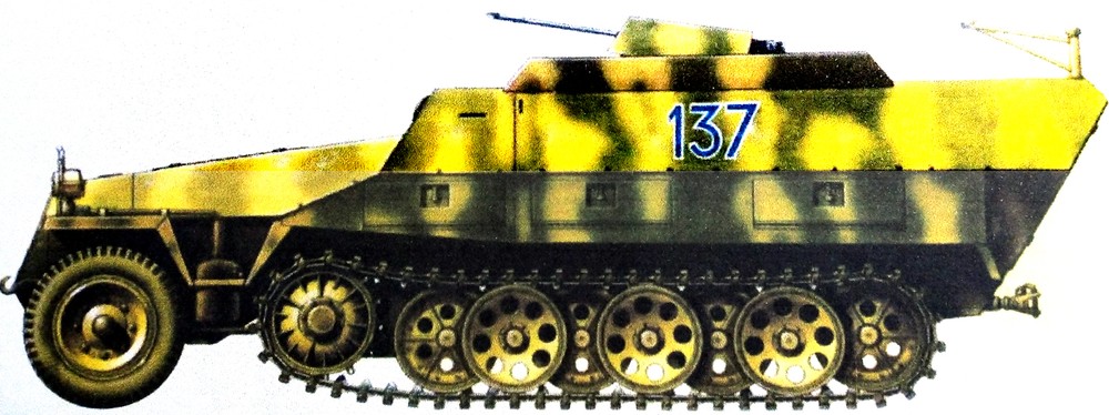 1945年,东线战场匈牙利地区,隶属德军「统帅堂」装甲掷弹兵师防空部队的一辆Sd.Kfz.251/21 Flak D型半履带装甲自行防空炮车。
