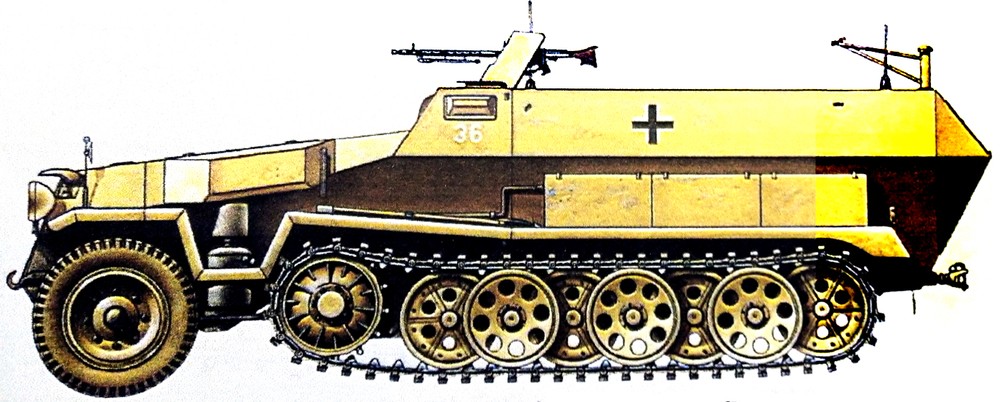 1943年1~2月间,非洲战场突尼斯地区,隶属德国非洲军团的一辆Sd.Kfz.251/3(Ausf.C型车体)半履带装甲通讯指挥车。