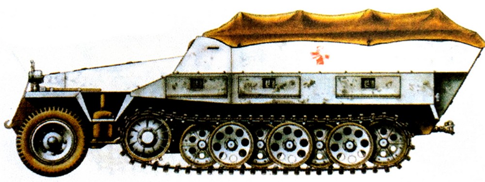 1943年3月,东线苏联战场哈尔科夫地区,隶属德国武装党卫军第2「帝国」装甲师的一辆Sd.Kfz.251/8 Ausf.D型半履带装甲救护车。
