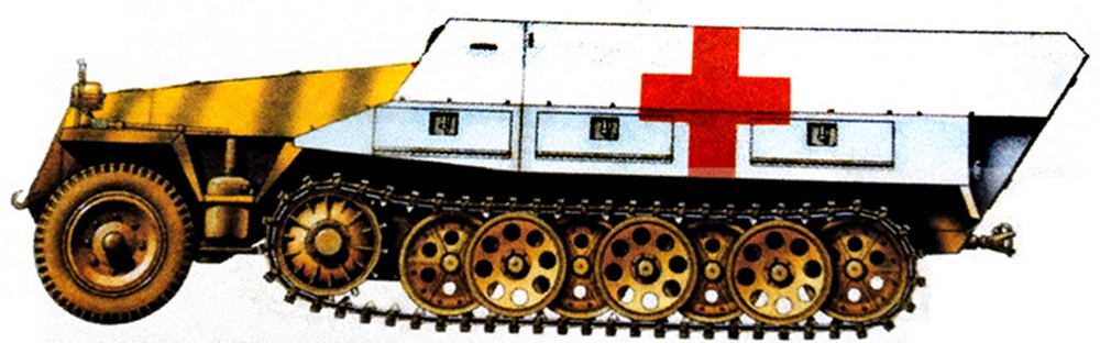 1944年12月,西线战场阿登地区,隶属德国武装党卫军第91「霍亨施陶芬」装甲师第19党卫军装甲炮兵团的一辆Sd.Kfz.251/8 Ausf.D型半履带装甲救护车。