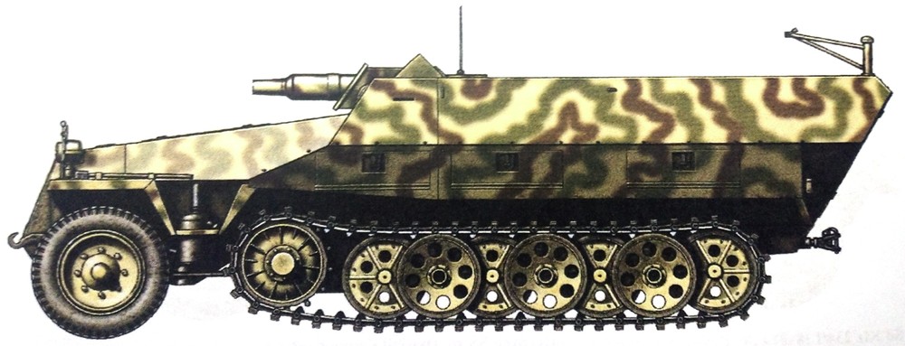 1944年12月,西线战场阿登地区,隶属德国武装党卫军第1「阿道夫•希特勒警卫旗队」装甲师的一辆Sd.Kfz.251/9 Ausf.D型半履带装甲炮车。