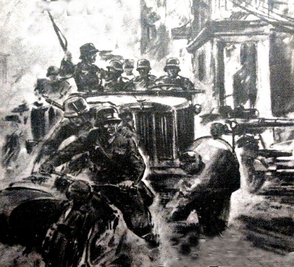 绘图:一辆德军Sd.Kfz.7半履带牵引车满载士兵跟随摩托化炮兵部队在苏联战场上疾进。