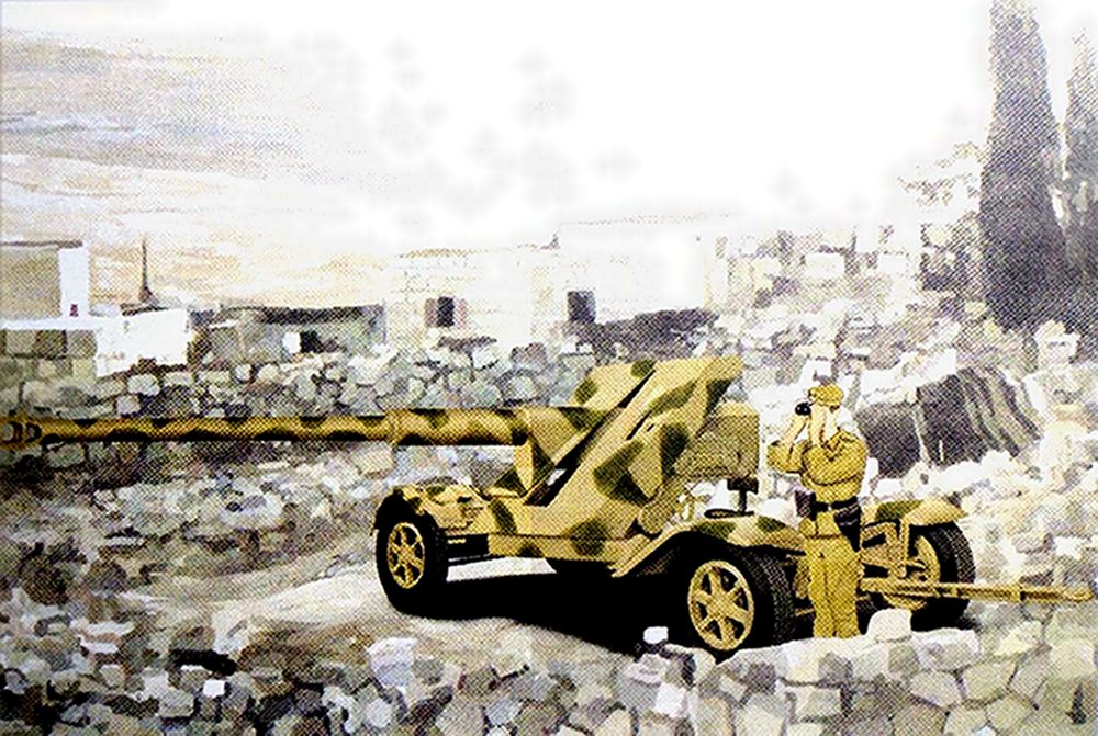 绘画:火炮阵地中的一门88毫米Pak43型反坦克炮,一名德军士兵正在用望远镜向远方观察。不过,在88毫米炮位上只画有一名士兵,似是该图的不足之处。