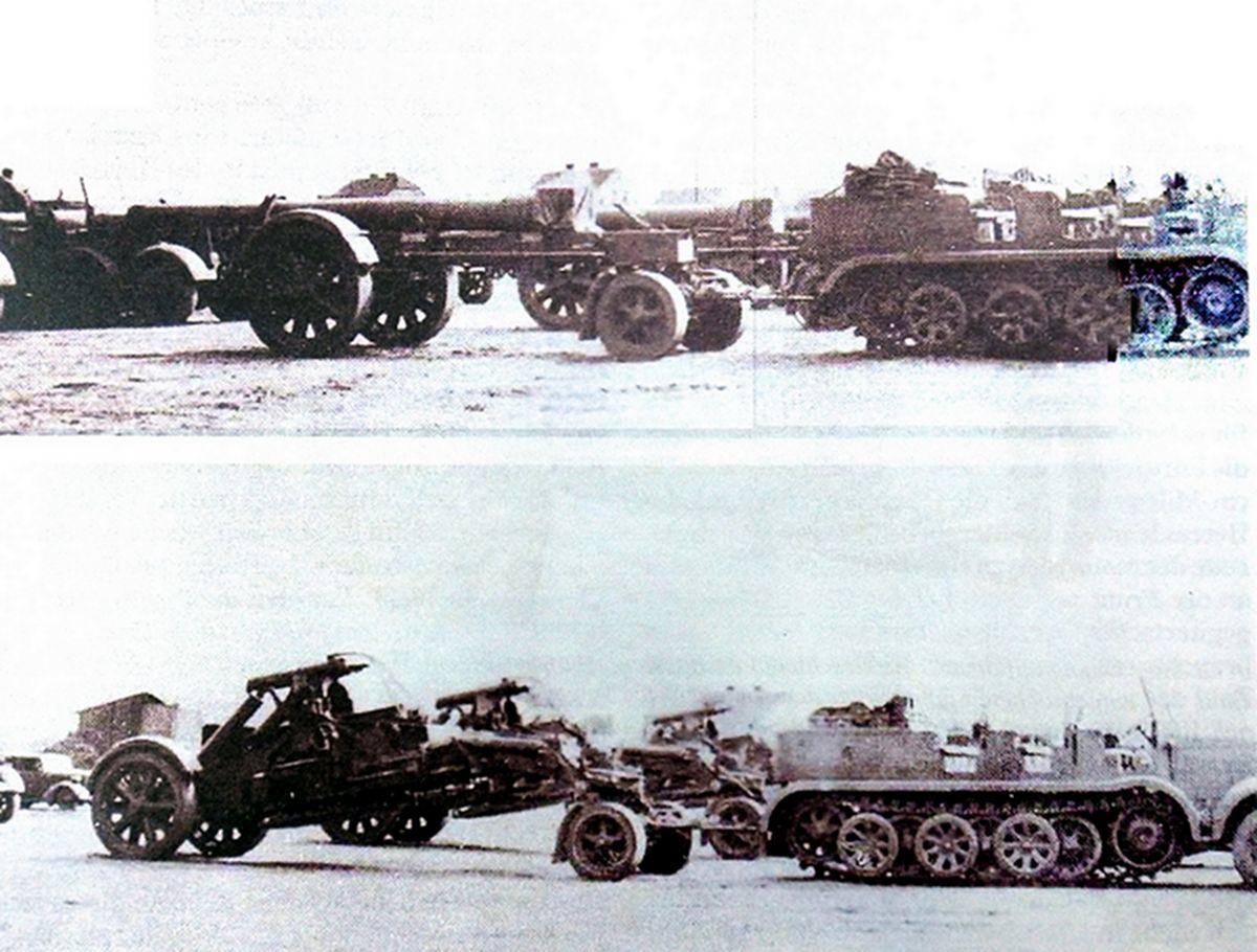 1940年春季，德军一炮兵部队进行210毫米Mörser18型重型臼炮的运输训练。该炮运输时会拆分为炮管（上图）与炮架（下图）两部分，分别由两辆重型半履带装甲车牵引。