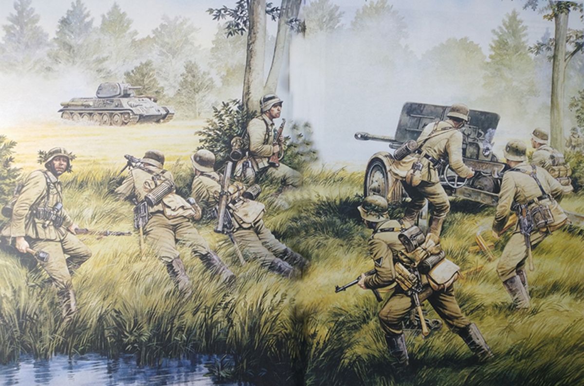 1941年秋,东线苏联战场,德国北方集团军的50毫米Pak38型反坦克炮与苏军T-34坦克对抗的图片。