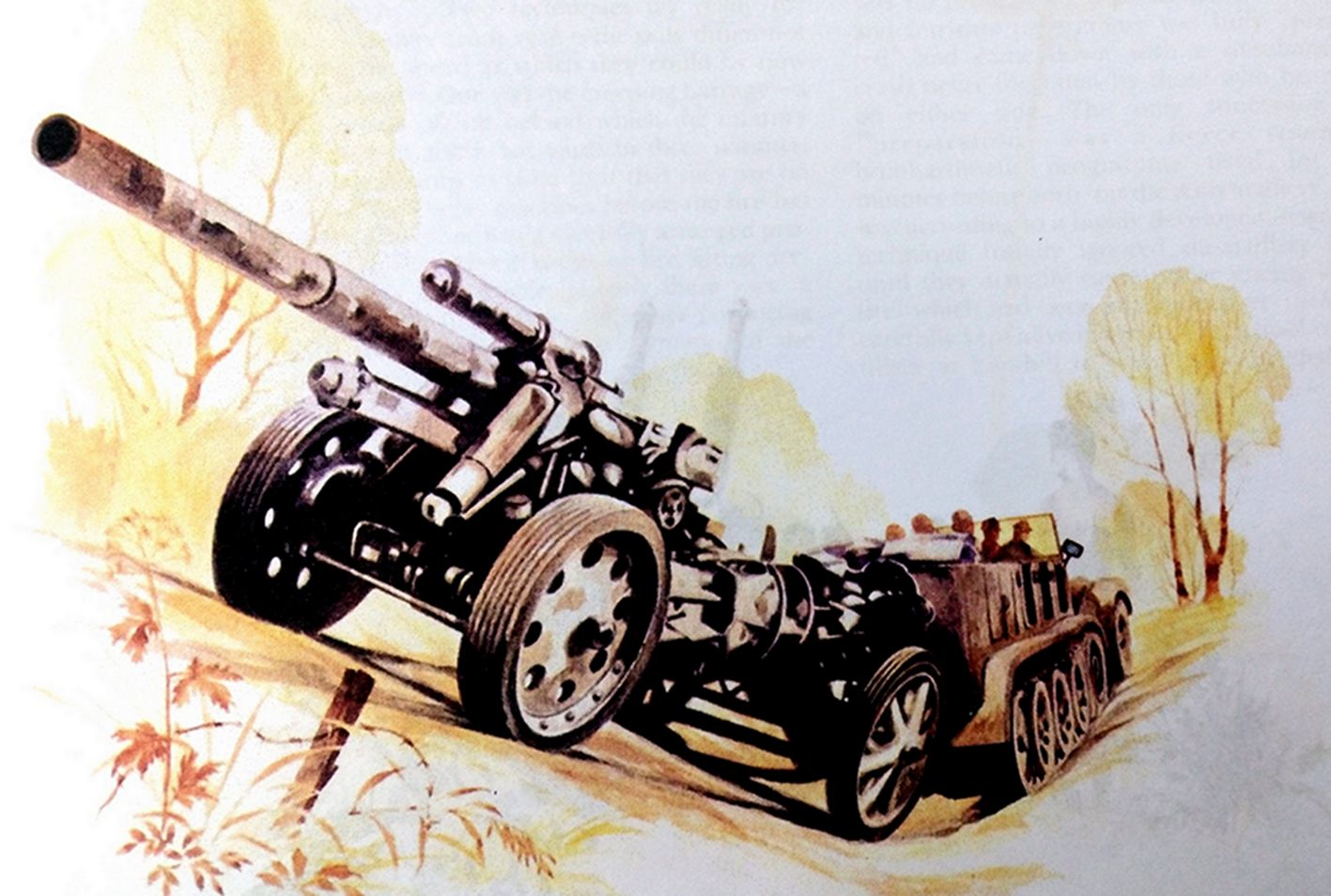 绘图：德军炮兵连一辆半履带装甲车牵引着一门150毫米s.FH18榴弹炮在山坳中行进。