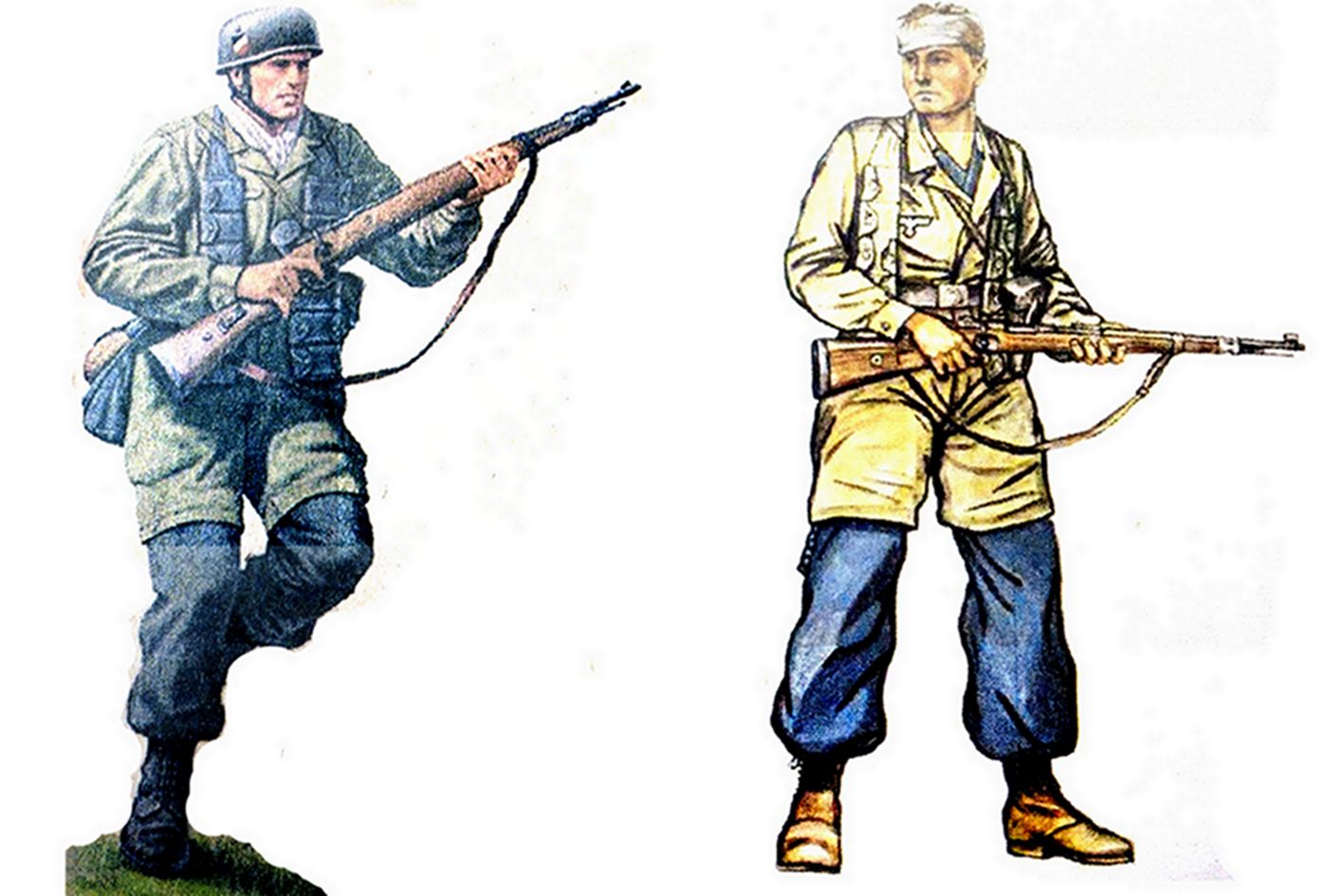 (图左)二战战场上一名德军伞兵手持98K步枪向前冲锋。(图右)二战战场上一名手持98K步枪仍保持着战斗姿态的德军负伤士兵。