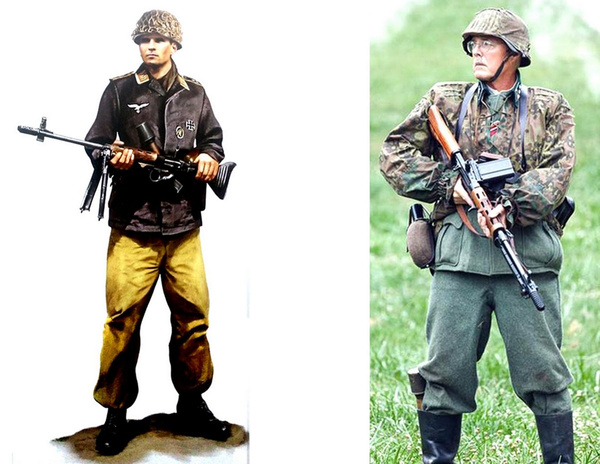 (图左)1943年,一名携带FG42伞兵步枪的德军第3伞兵团军士长。(图右)手持FG42伞兵步枪的一名德军伞兵。