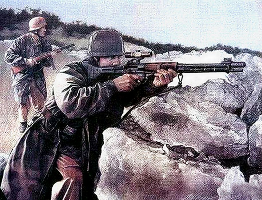 绘图:西线战场,手持着配备光学瞄准镜的FG42伞兵步枪的德军伞兵狙击手,正在向进攻的盟军瞄准射击。
