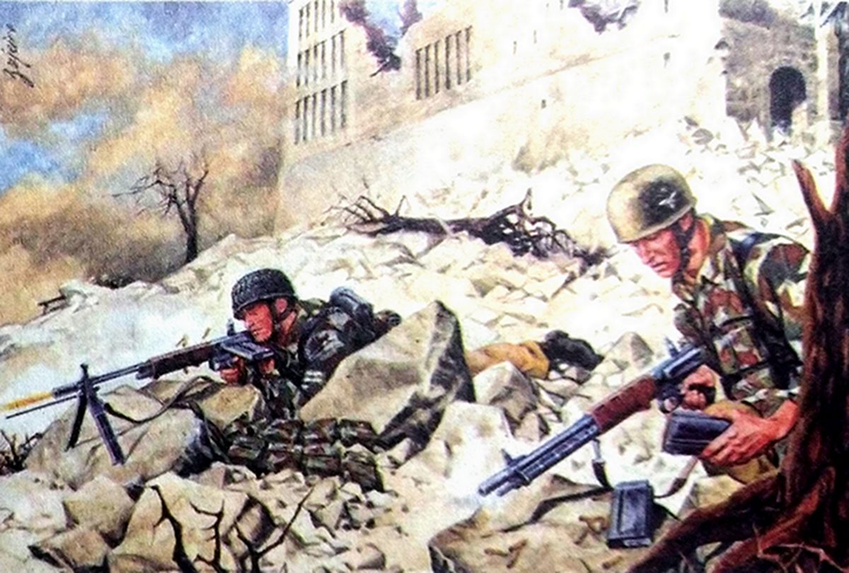 绘图:1944年西线意大利战场,坚守在「古斯塔夫」防线上的德军第1伞兵师士兵,在卡西诺修道院前方阵地与盟军展开了激烈战斗。战斗中,一名伞兵正在紧张地更换FG42伞兵步枪已打空了的弹夹。
