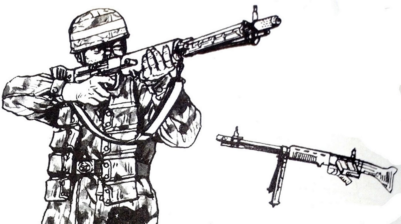 绘图:一名持FG42伞兵步枪作站立射击状的德军伞兵。
