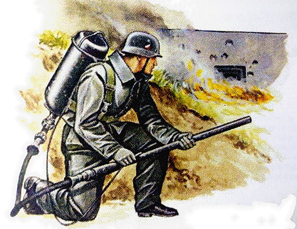 绘图:装备34/35型火焰喷射器的一名德军工兵。二战初期,火焰喷射器主要装备给师属工兵营,营下属的三个工兵连分别配备三具火焰喷射器,每个排配一具。