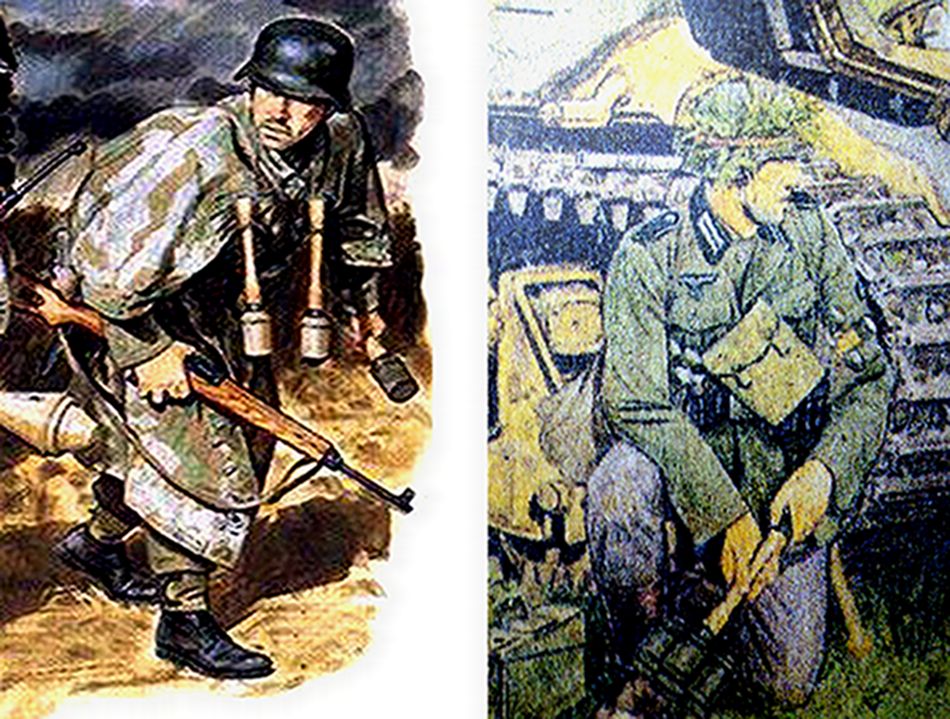 绘图:图左为二战战场上的一名德军掷弹兵,除手握着一枚M24长柄手榴弹外,脖子上还挂着两枚,这种携弹方式比较少见。图右为二战战场上的一名德军反坦克兵,隐蔽在一辆损坏的坦克旁,双手握着用多枚M24长柄手榴弹捆扎成的集束手榴弹,准备迎击敌方坦克。