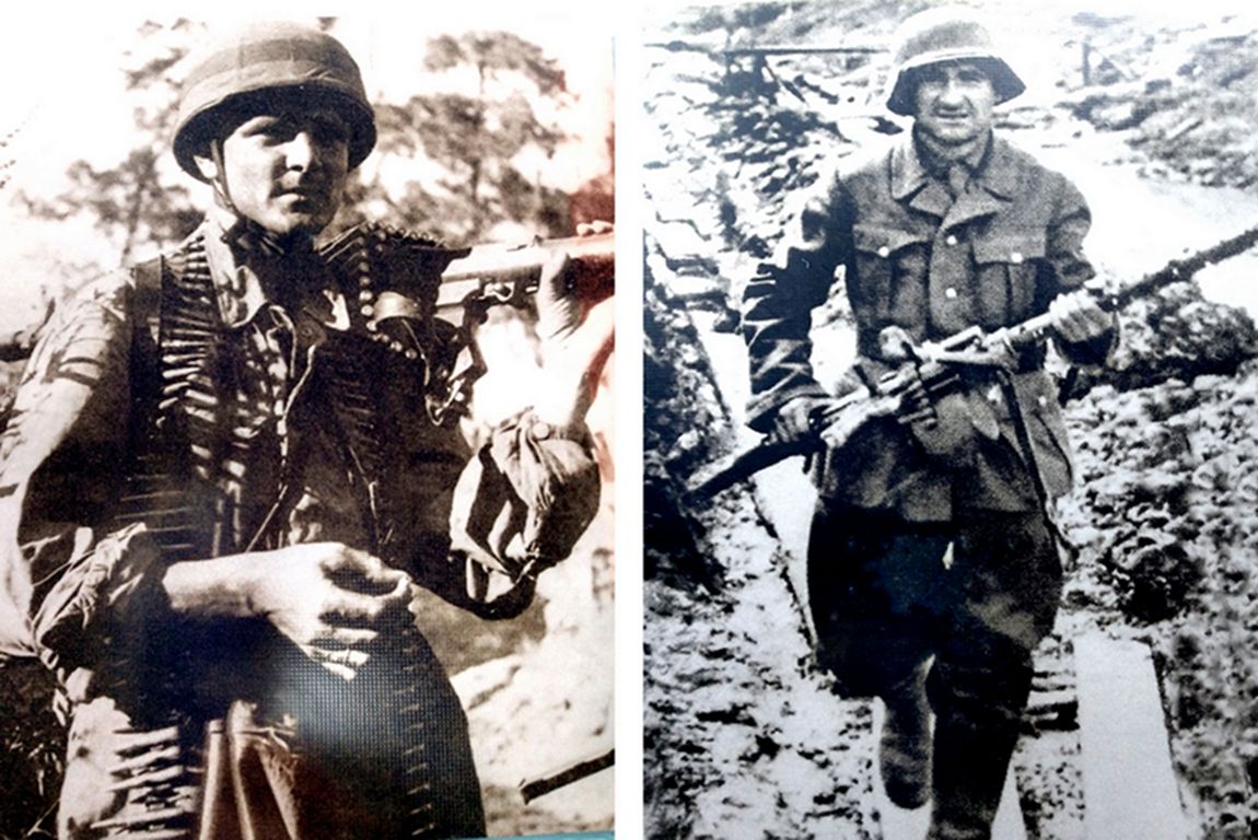 （图左）二战战场上德军第7空降师一名肩扛MG34机枪的射手。（图右）二战东线战场上持MG34机枪奔向阵地的一名MG34机枪射手。