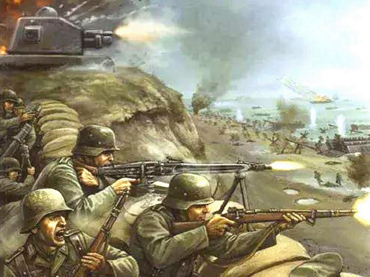 绘图:1944年6月,西线战场法国诺曼底地区奥马尔海滩,正与登陆盟军作战的德军,一挺MG42机枪正在猛烈射击。据传:在WN62碉堡中一名德军机枪手用MG42机枪打出12000发子弹,射杀了上千名美军(资料记载:这是当年的德国士兵海恩·塞弗莱在采访中回答的)。但实际上,在整个奥马尔海滩登陆战中,美军阵亡与负伤共2400多人,而德军防守海滩的部队拥有85挺机枪,因此光是一挺机枪是不可能有此战绩的,可知该名德军应是言过其实了。