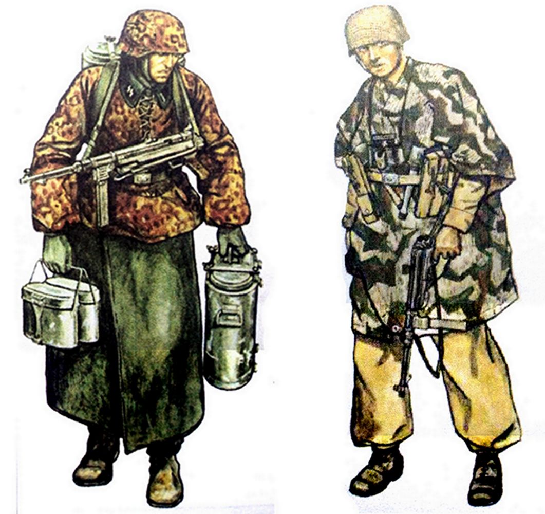 (图左)挎着MP40冲锋枪送钣的一名武装党卫军第14装甲掷弹兵师士兵。(图右)穿着迷彩服、挂着望远镜,手持MP40冲锋枪的一名德军装甲步兵师的军官。