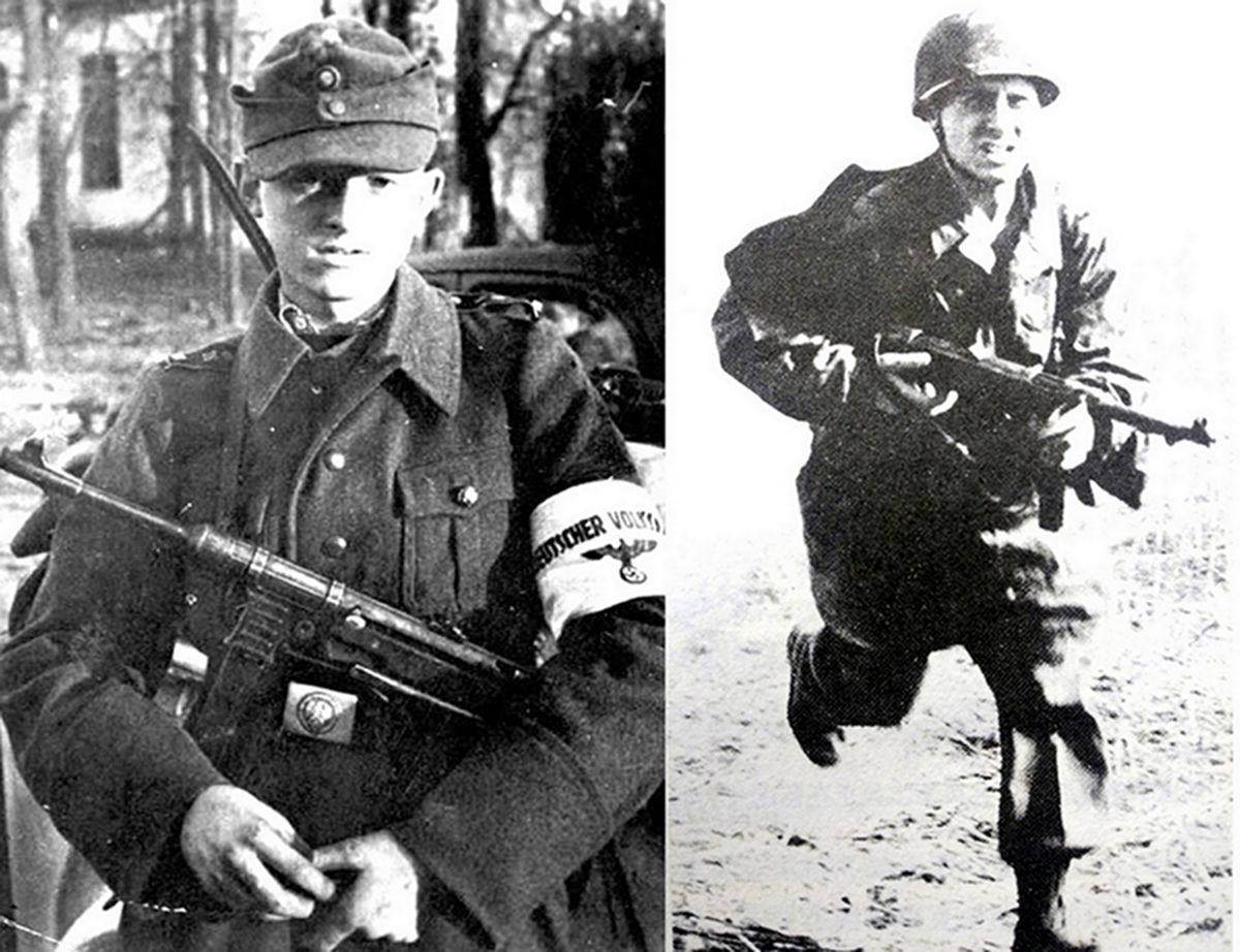 (图左)1945年,用MP40冲锋枪武装起来的一名德国青年纳粹党组织成员。(图右)1940年,一名手持MP38冲锋枪冲锋的德军伞兵。