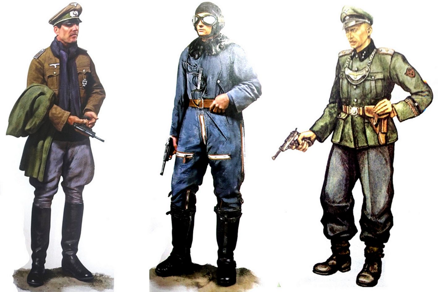 (图左)1940年,一名手持瓦尔特P38手枪的德军第19步兵团军官。(图中)1940年,一名手持瓦尔特P38手枪的德军轰炸机飞行员。(图右)一名手持瓦尔特P38手枪的德军宪兵军官。