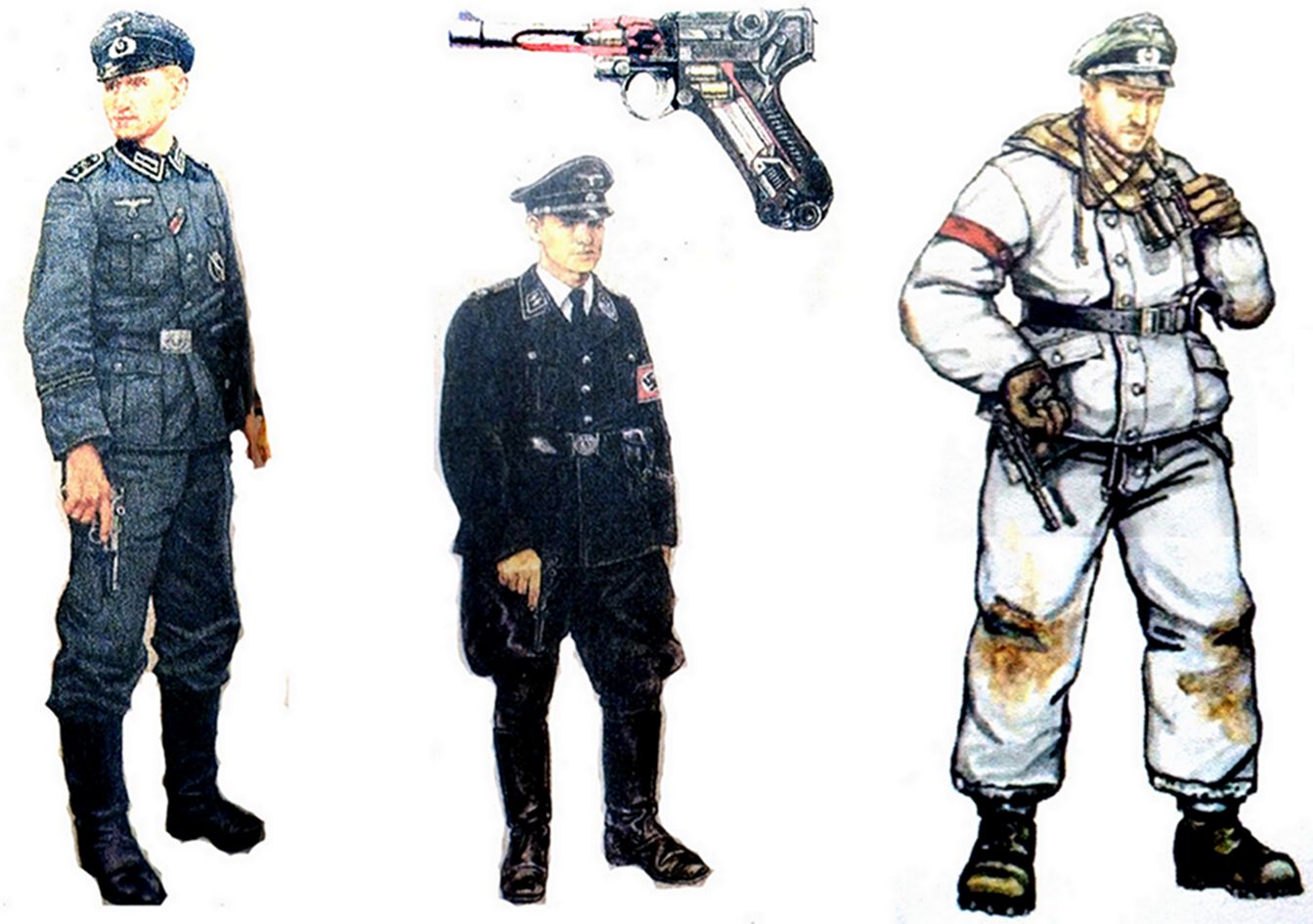 (图左)1943年,柏林,一名手持瓦尔特P38手枪的德国军官。(图中)一名手持瓦尔特P38手枪的德国党卫军军官。(图右)1942年冬季,东线苏联战场,一名手持瓦尔特P38手枪的德国装甲掷弹兵军官。