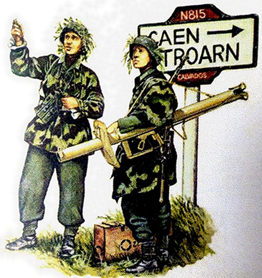 绘图:1944年,西线战场法国诺曼底地区,一名背着RPzB 54型「坦克杀手」反坦克火箭筒的德军第21掷弹兵装甲师的反坦克炮连士兵正在一路标旁问路。