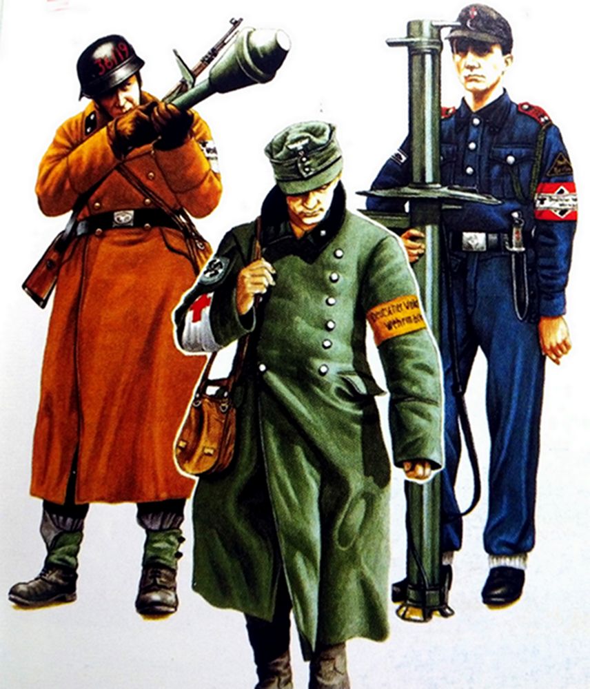 绘图:1945年4月,德国鲁尔区,携带「坦克杀手」反坦克火箭筒与「铁拳」反坦克榴弹发射器的德国「人民冲锋队」成员。