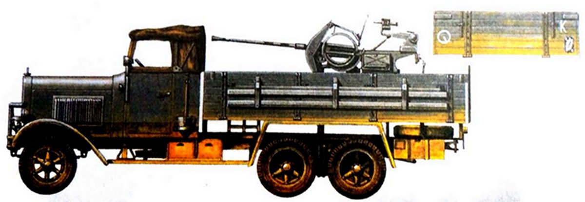 1941年秋天，东线苏联战场，德国「戈林」高射炮兵团一辆亨舍尔 TYP 33 D1（4X2）中型军用卡车，该车上装载了一门20毫米高射炮作防空炮车用。
