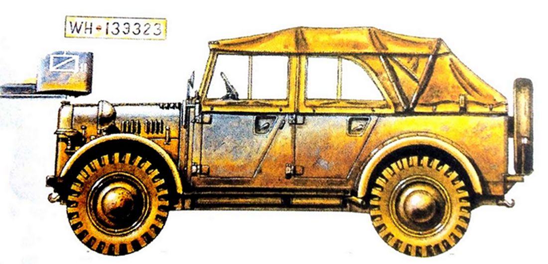 1940年6月，西线法国战场，一辆隶属德军第6骑兵团的德军中型吉普车（Kfz.4）。