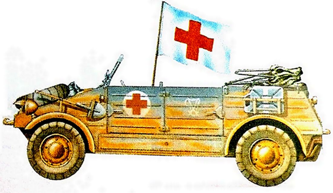 1942年,北非战场利比亚,德军非洲军团第164轻装师的一辆用大众VW82 Kfz.2军用小车改装的救护车。