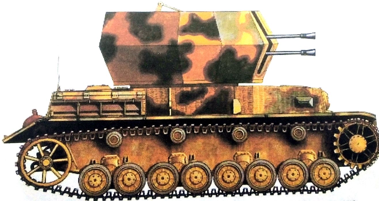 1944年西线战场，德军一辆不明单位的「旋风」自行高射炮车。