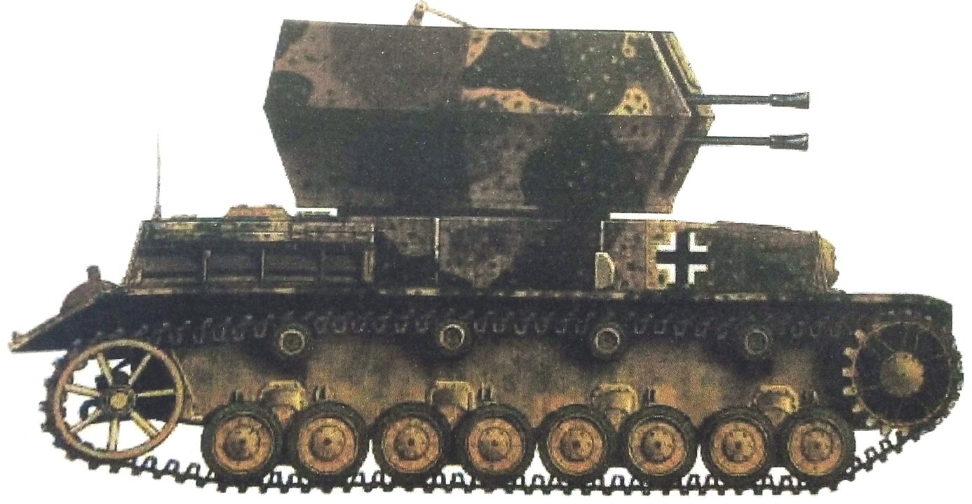 1944年西线战场，德军一辆不明单位的「旋风」自行高射炮车。
