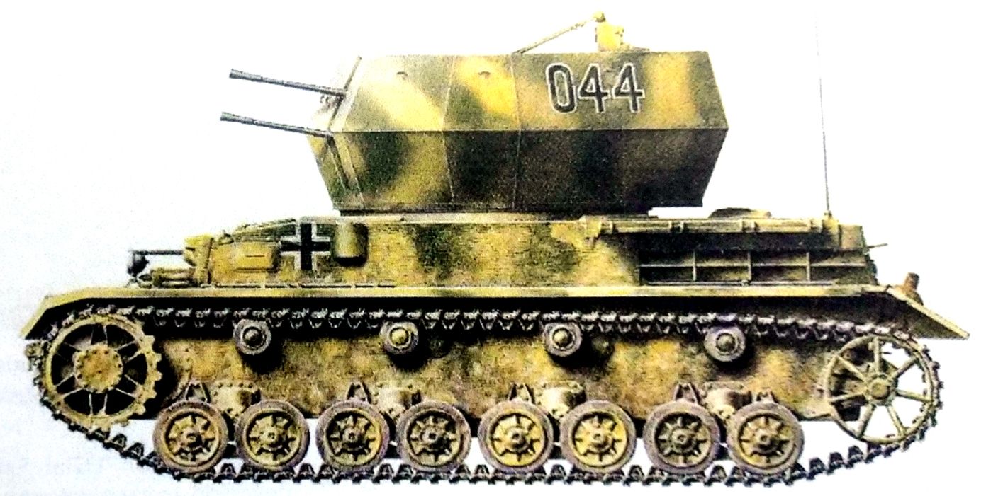 1945年3月，匈牙利塞克斯费弗尔瓦尔，来自武装党卫军第501重装甲营的Ⅳ式「旋风」自行高射炮车。