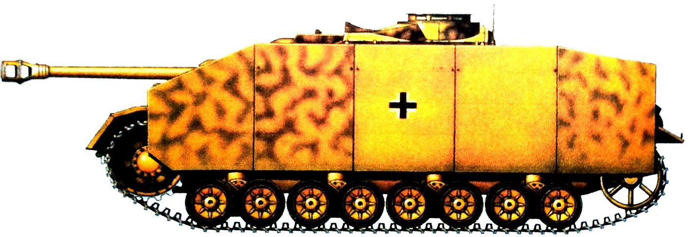 1944年6月,东线战场,德军第14装甲师的一辆前期生产型Ⅳ号自行突击炮车。车身两侧已全部加装防护装甲钢板。