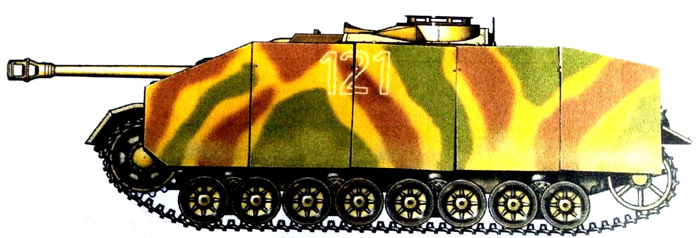 1945年4月,意大利,德军第29装甲掷弹兵师一辆编号121的Ⅳ号自行突击炮车。车身两侧已全部加装涂有迷彩的防护装甲钢板。