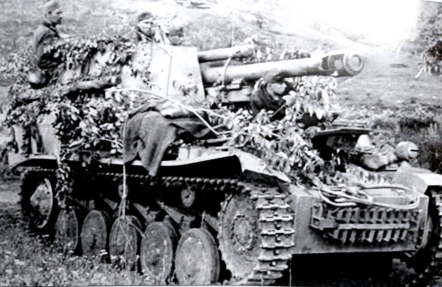 1944年西线法国战场，为预防盟军飞机的空袭，德军用大量树枝对一辆105毫米「黄蜂」自行榴弹炮车作了伪装；由于该型炮车是敞开式战斗室，若遇到空袭极易被摧毁。