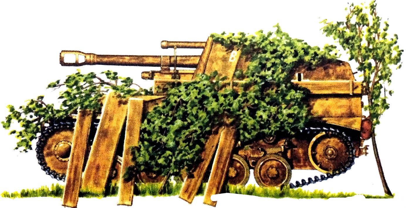 1944年夏天，西线法国战场，隶属德国武装党卫军第12师（「希特勒青年团」装甲师）第12装甲炮兵团的一辆105毫米「黄蜂」自行榴弹炮车（105mm leFH 18/40 Fgst auf Pz.Kpfw.Ⅱ Sd.Kfz.124）。为防盟军飞机的空袭，此炮车用树枝与木板作了掩护。